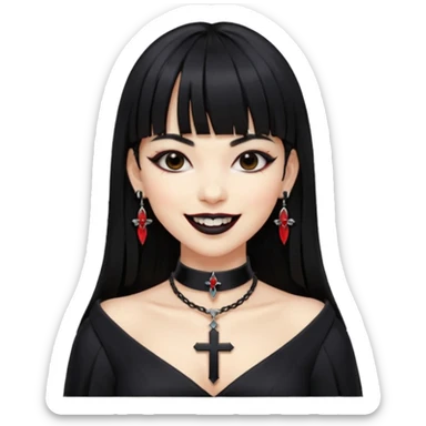 vampira com cabelo preto longo e liso e franja, olhos pretos, brincos em formato de cruz, choker em formato de cruz, roupa preta com decote, batom preto e sorrindo mostrando as presas de vampira sticker