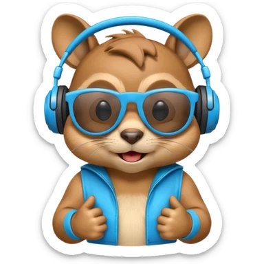 A high-detail 3D cartoon emoji of a cool chipmunk wearing oversized glowing blue DJ headphones and white retro sunglasses, expressive smirk, vibrant colors, white background, high gloss. sticker