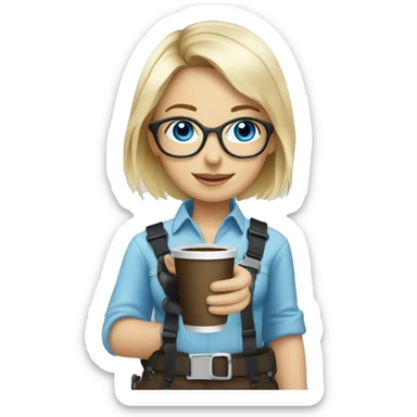Blond girl with blue eyes and glasses drinking coffee wearing a harness and steel toe boots sticker