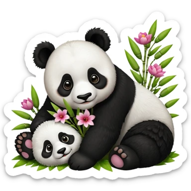 Panda laying on the ground with bamboo in its mouth with flowers sticker