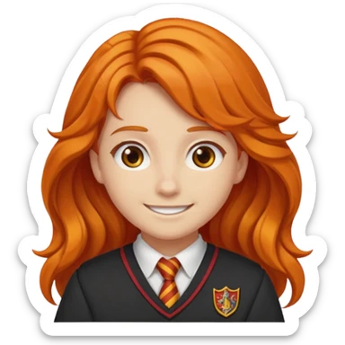 A iphone emoji with long wavy fierce orange hair and hazel eyes, wearing Gryffindor school uniform sticker