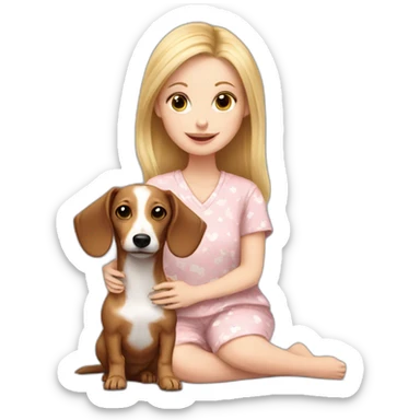 light-eyed white girl in pajamas and her little dachshund dog sticker
