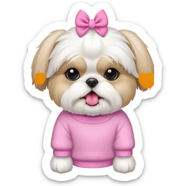 little all white shih tzu with pink bows & sweater tongue sticking out sticker