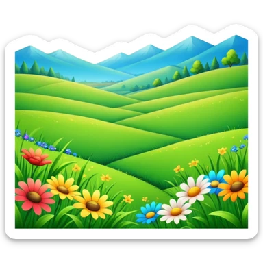 sunny landscape with green grass, blue sky, and colorful flowers sticker