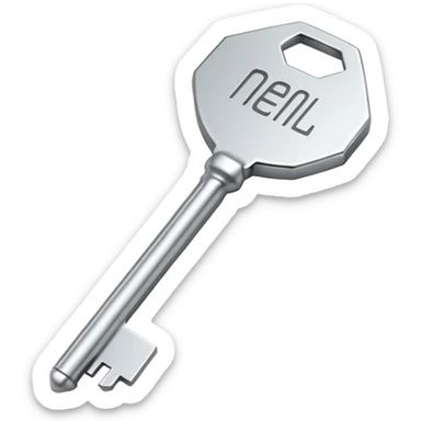 small silver metal key with hexagonal head and the word NATIONAL engraved, clean lines, soft silver tone, minimalistic and precise sticker