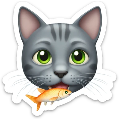 gray Cat green eyes eating fish sticker
