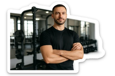 uomo sicuro di sè a braccia conserte, ben allenato e sereno, sullo sfondo una palestra sticker