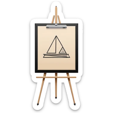 Minimalistic flat vector icon, iOS style, thin black contour on white background. Easel holding a canvas with simple sketch lines, pencil beside it. No text, no shadows sticker