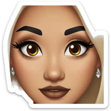 Alexa Demie euphoria show: warm brown eyes, bold black sharp eyeliner, sparkly rhinestones on eyes, dark arched brows, full nude-berry lips, light skin, high cheekbones, sleek dark brown long straight hair in ponytail.

 sticker