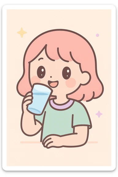 girl drinking water, cute, big eyes, pastel colors sticker