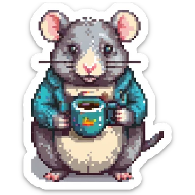 a chubby rat holding a mug, pixel art style, retro and blocky sticker
