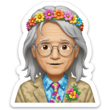 elderly man with long grey hair, glasses, peace sign necklace, tie-dye clothing, flower crown sticker