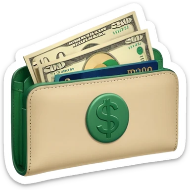 light beige wallet with dark green dollar bills sticking out, minimalist, emoji style sticker