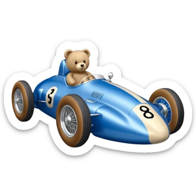 Metallic blue and lightly chrome-accented Antique-looking  kid-sized race car for teddy bear with custom aero body and rear wing sticker