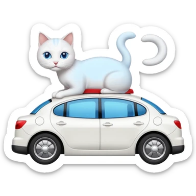 Please create a small emoji the size of 🚗 featuring a pure white cat with short tail with blue eyes on a white saloon car viewed from side. Again it is necessary that the emoji must be extremely small, much smaller than a standard sized sticker. sticker