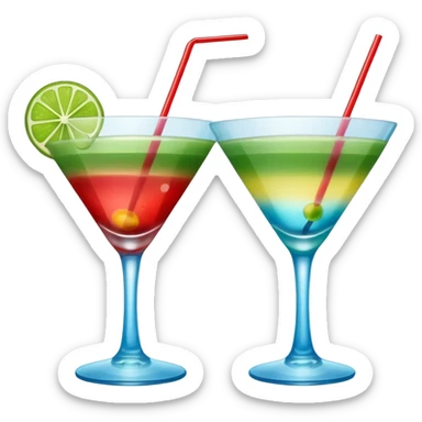 Create an emoji of two cocktails cheers action, one glass of green and yellow color and one glass of blue and red, without any fruit sticker