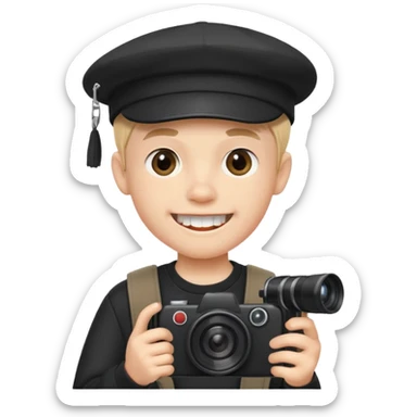 cartoon schoolboy with black cap prominent front teeth holding a camera in his hand sticker