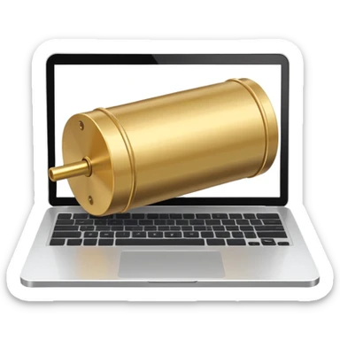 Brass cylinder falls on laptop sticker