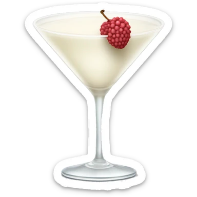 A creamy white colored liquid in a martini glass with a skinless lychee garnish  sticker