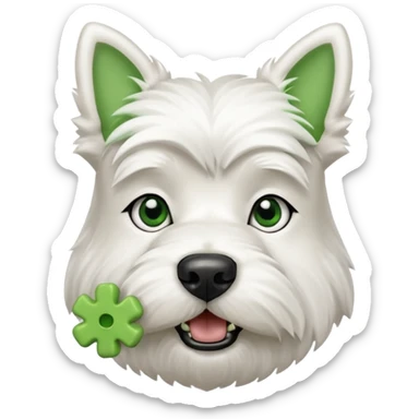 a west highland terrier dog with a green bone treat in its mouth  sticker