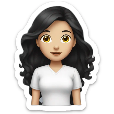 A girl with long black hair, brunette, wearing a white shirt sticker