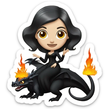 Victorian evening dressed, Teen Morticia Addams Jedi wearing a mini tiara, riding on the back of a very large black shiny evil-looking fire-spewing horned dragon sticker