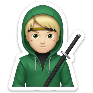 Green ninja Lloyd garmadon blonde hair, kaptur hoody on his head but blonde grzywka visible; the bottom left one is best (the one without miecze + black band + no mask of face) but add miecz; I want no band on head ; I don’t want any band on forehead sticker