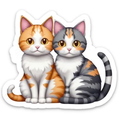 full body colourful light patched calico + white tabby cat cuddling a big dark grey and white tabby cat  sticker