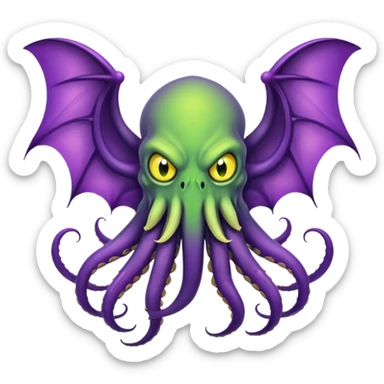 light green Cthulhu with purple bat wings and purple gradient tentacles. Yellow angry eyes. yellow suckers on tentacles. dramatic ominous shading sticker