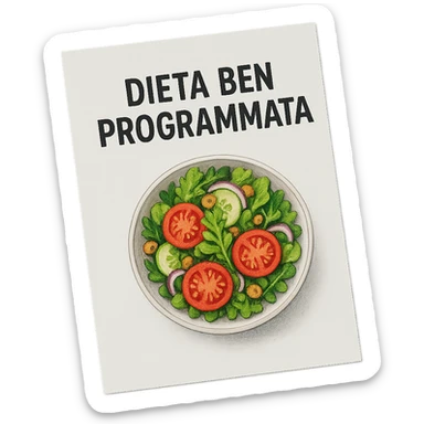 hyperrealistic 4K top view of a white sheet of paper with an illustrated bowl of salad and the text 'DIETA BEN PROGRAMMATA', no background sticker