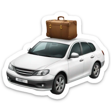 a white car with luggage on the roof sticker