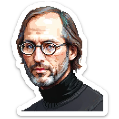 Steve Jobs with black turtleneck, round glasses, beard sticker