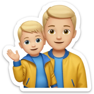 boy with baby hair cut shrugging his shoulder, wearing yellow jacket and smile sticker