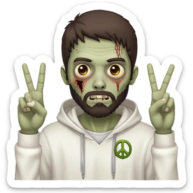zombie with peace sign gesture wearing plain white hoodie with no designs, dark brown hair and short full beard sticker
