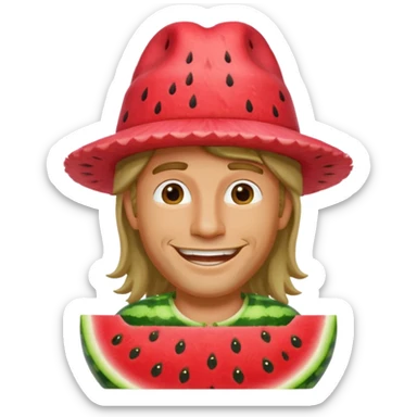 long haired man with watermelon hat sticker