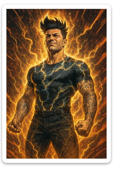cinematic a man with a chiseled physique and wild, upward hair stands center stage, fists clenched and chest out. A radiant, electric aura envelops him, with energy lines and glowing effects highlighting his strength and masculinity. His face shows determination and pride, and the background features explosive, dynamic patterns. sticker