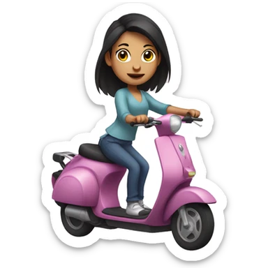girl with dark hair in a pony tail, riding a scooter with a frying pan in her hand sticker