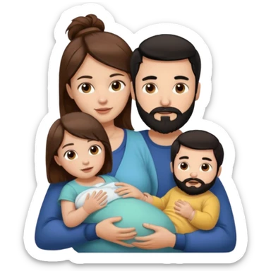 Una mujer con pelo castaño y ojos marrones y un hombre con pelo negro y barba y un solo bebe sticker