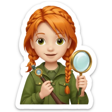 braid orange haired girl kid in moss green explorer outfit, holding magnifying glass, smile sticker