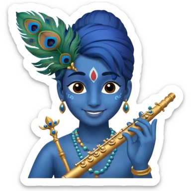 Krishna, adult, playing flute, blue skin, peacock feather in hair sticker