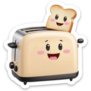 Cute Kawaii Toaster, tiny and square, soft pastel cream with a happy smile, chubby cheeks, two little toast slices popping out, giggling in excitement! sticker