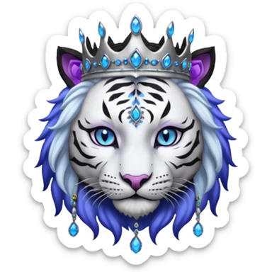 ESO Female white/black tiger khajiit leader of the umbral rose, glowing blue eyes, glowing blue 'third eye' gem, black beaded dreadlocks; silver crown/tiara with purple gems sticker