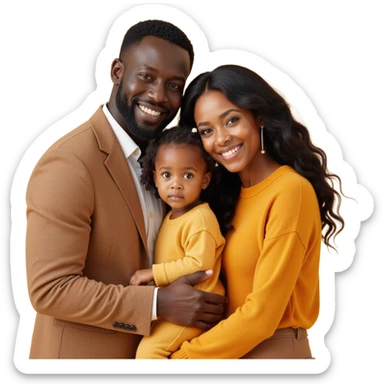 closeup shot of a diverse family (two adults and a child) with detailed, lifelike textures and a soft background in skeuomorphism style sticker