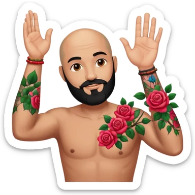 Bald man with black beard raising hand with colorful roses tattoo on forearm  sticker