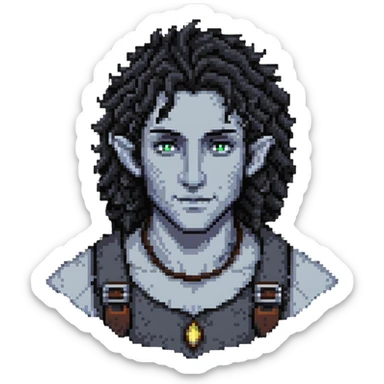 firbolg from DnD with gray skin, black curly hair, clean-shaven face, no beard sticker