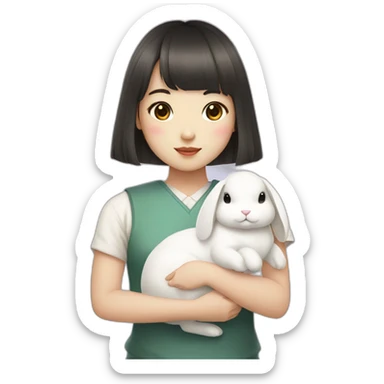 korean girl with bangs holding white rabbit sticker