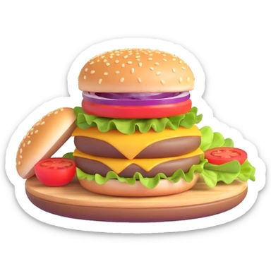 burger emoji with halved bun, salad, pickle, onion, tomato cutlet, sauce, cheese, halved bun sticker