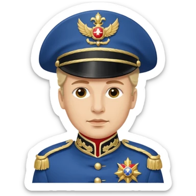 French general, ornate blue uniform, gold epaulettes, bicorne hat, medals sticker