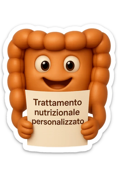 emoji stile iphone di un intestino felice che legge un foglio con la scritta "trattamento nutrizionale personalizzato", non fargli il naso, iperrealistico 4k sticker