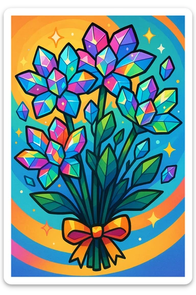A bouquet of crystal flowers, shimmering with rainbow colors, in a vibrant cartoon style. sticker